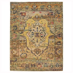 Yellow Modern Serapi Style Hand-Knotted Wool Geometric Medallion Area Rug