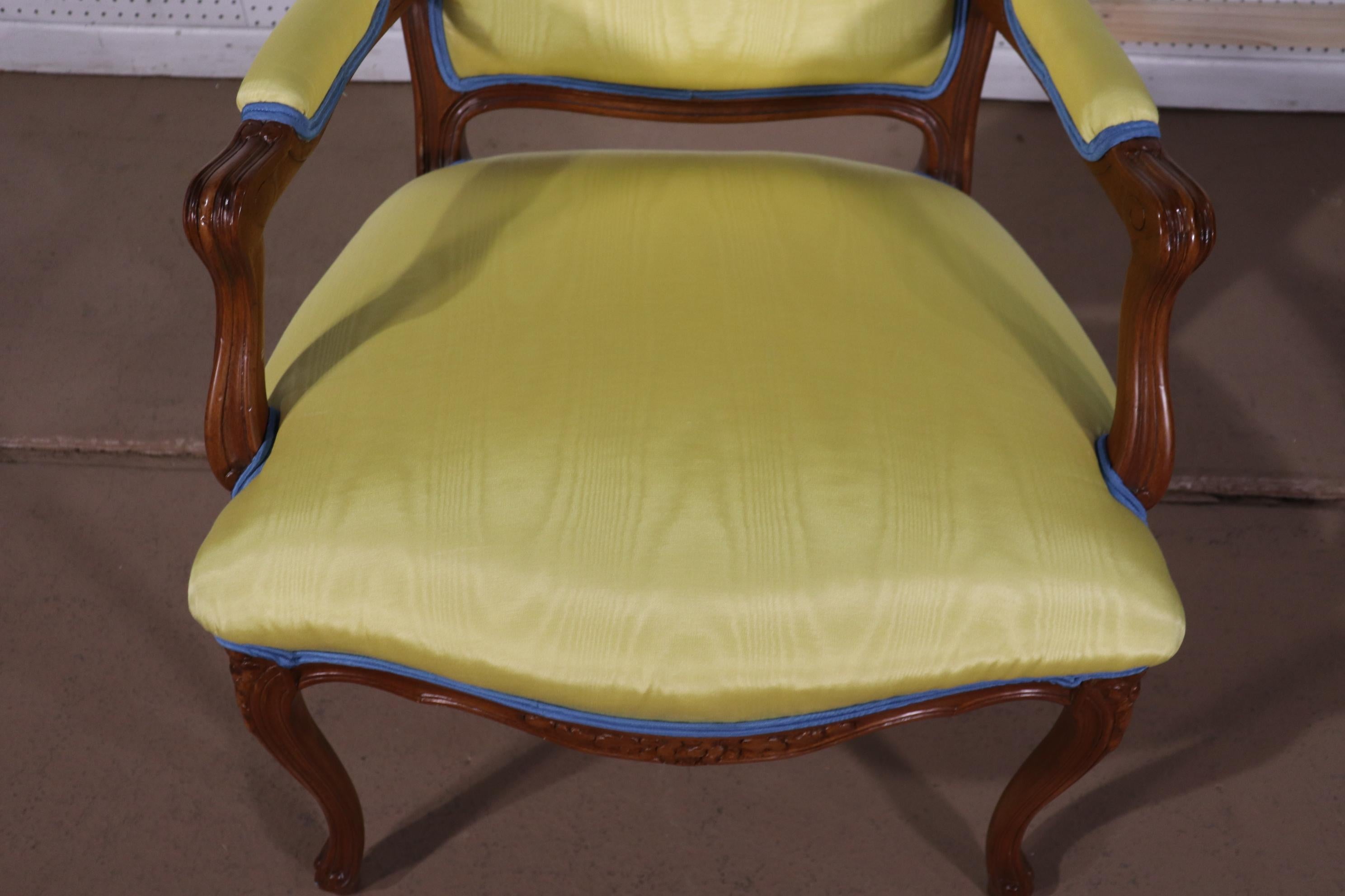 Yellow Moire Fabric Upholstered French Louis XV Style Armchair Fauteuil For Sale 2