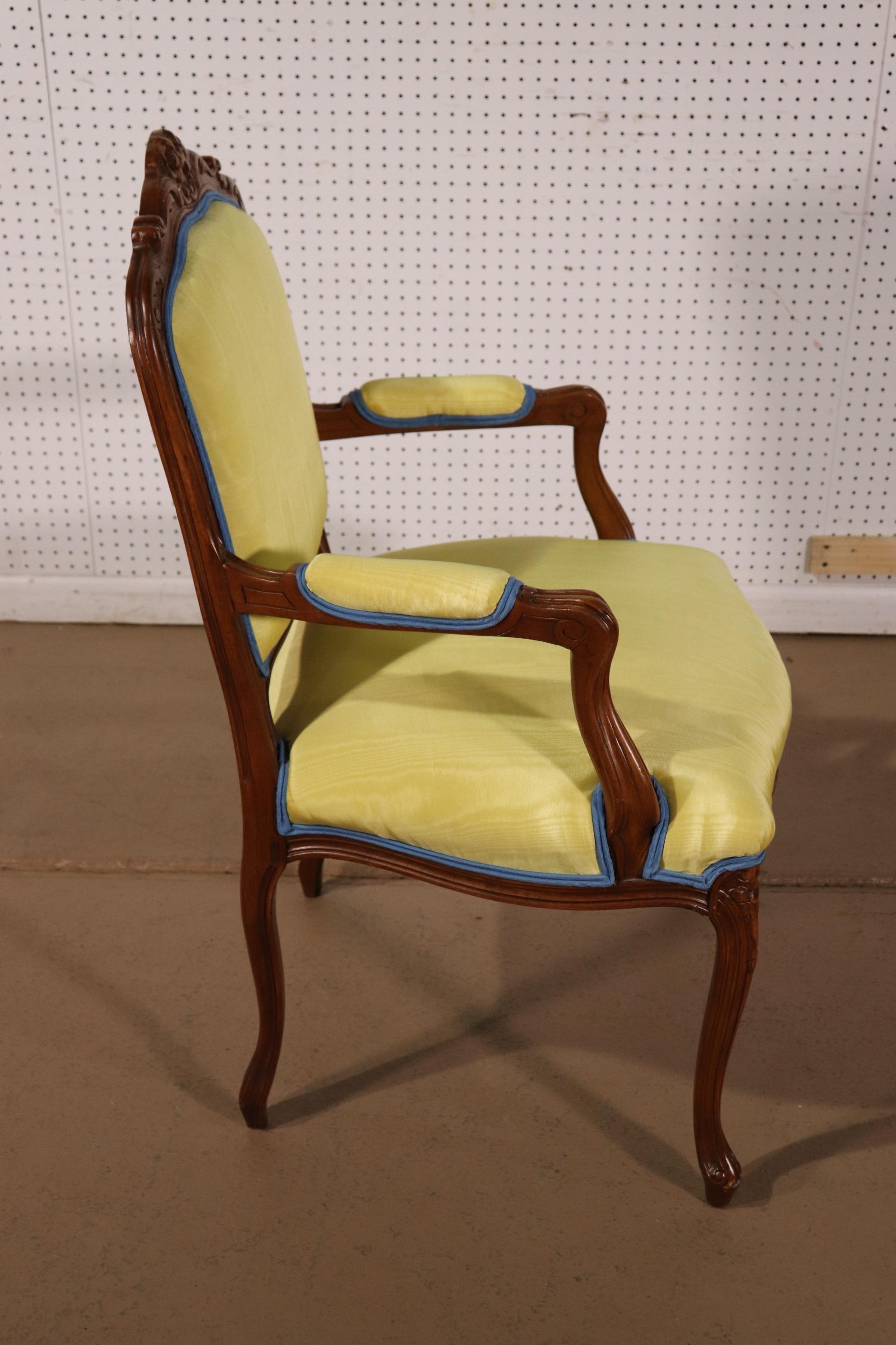 American Yellow Moire Fabric Upholstered French Louis XV Style Armchair Fauteuil For Sale