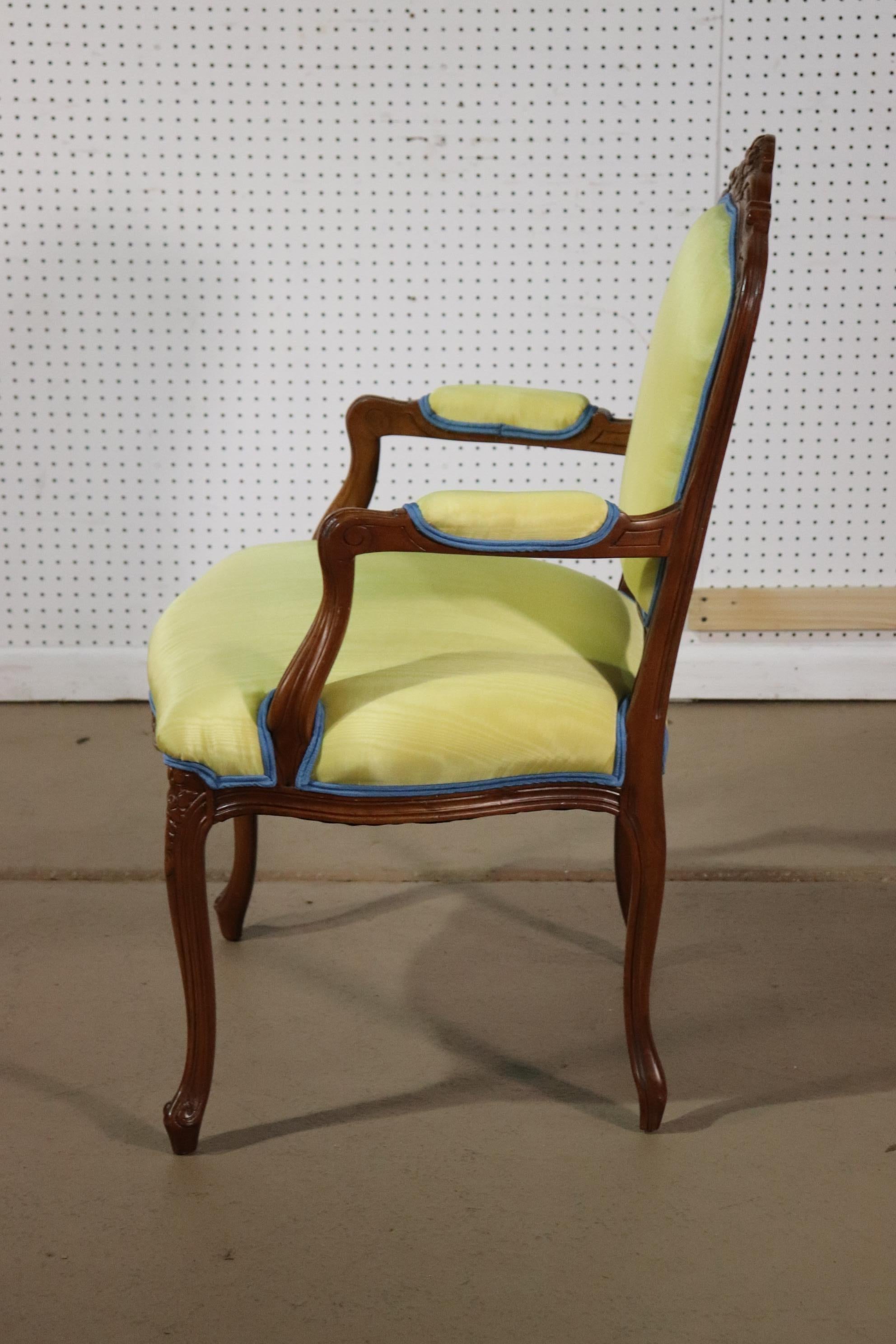 Yellow Moire Fabric Upholstered French Louis XV Style Armchair Fauteuil In Good Condition For Sale In Swedesboro, NJ