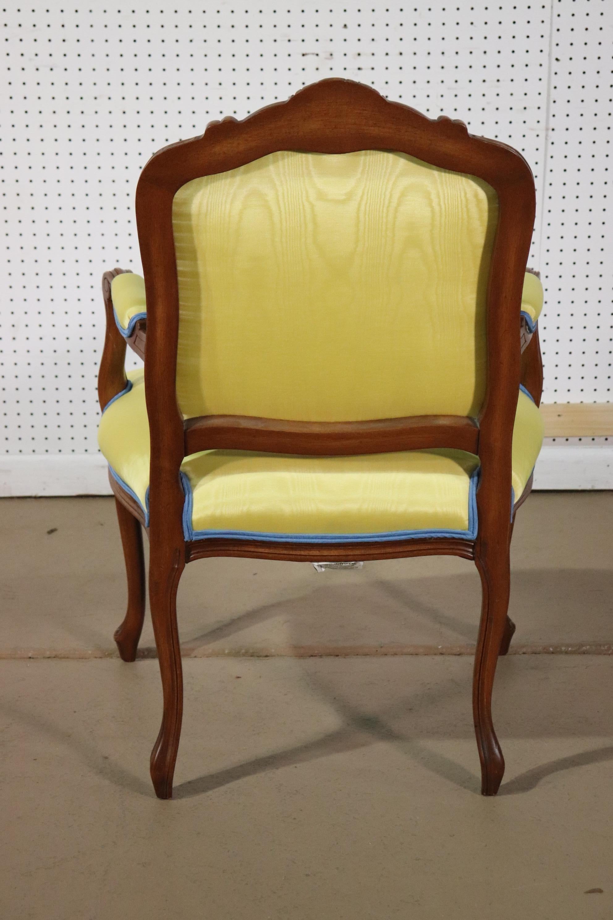 Late 20th Century Yellow Moire Fabric Upholstered French Louis XV Style Armchair Fauteuil For Sale