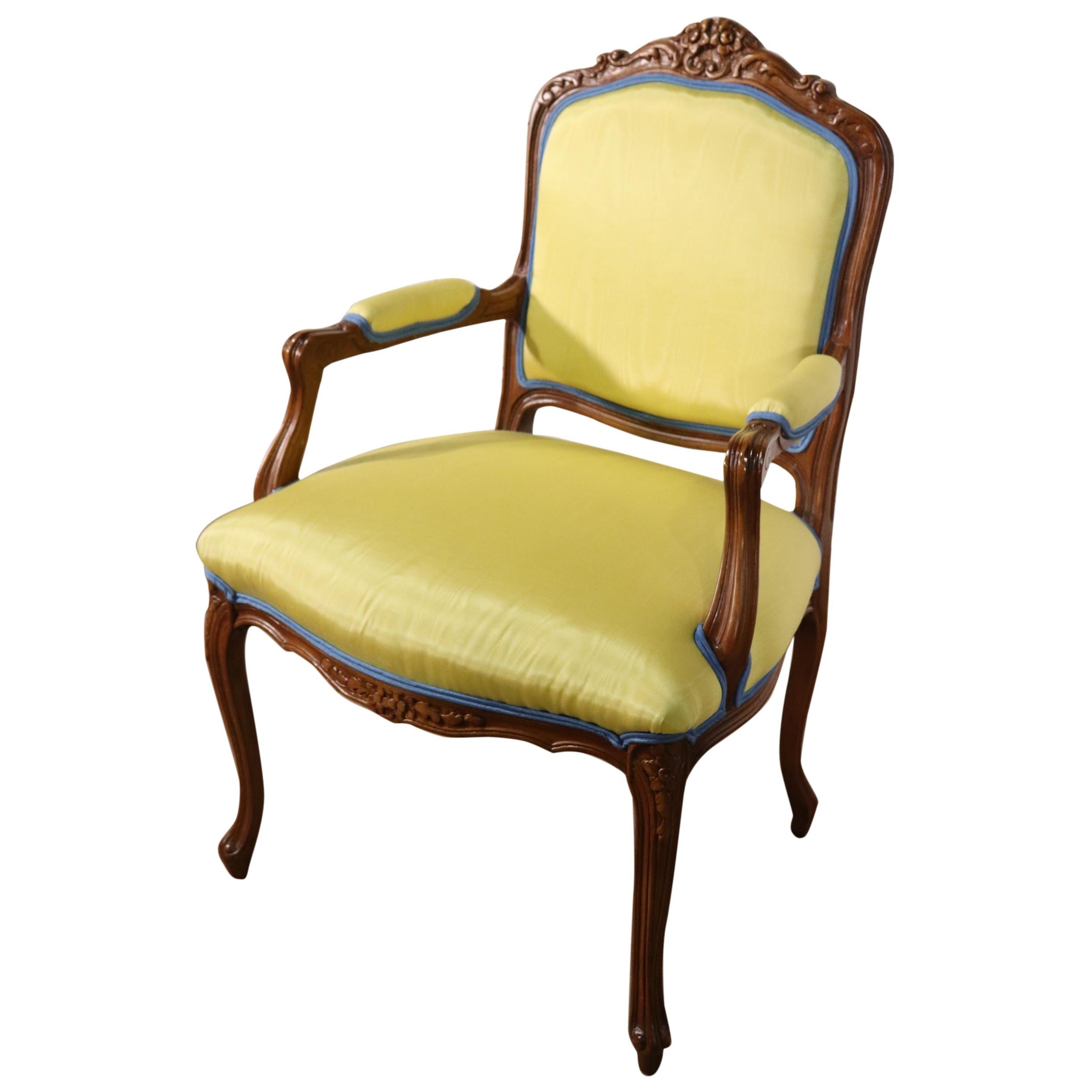 Yellow Moire Fabric Upholstered French Louis XV Style Armchair Fauteuil For Sale