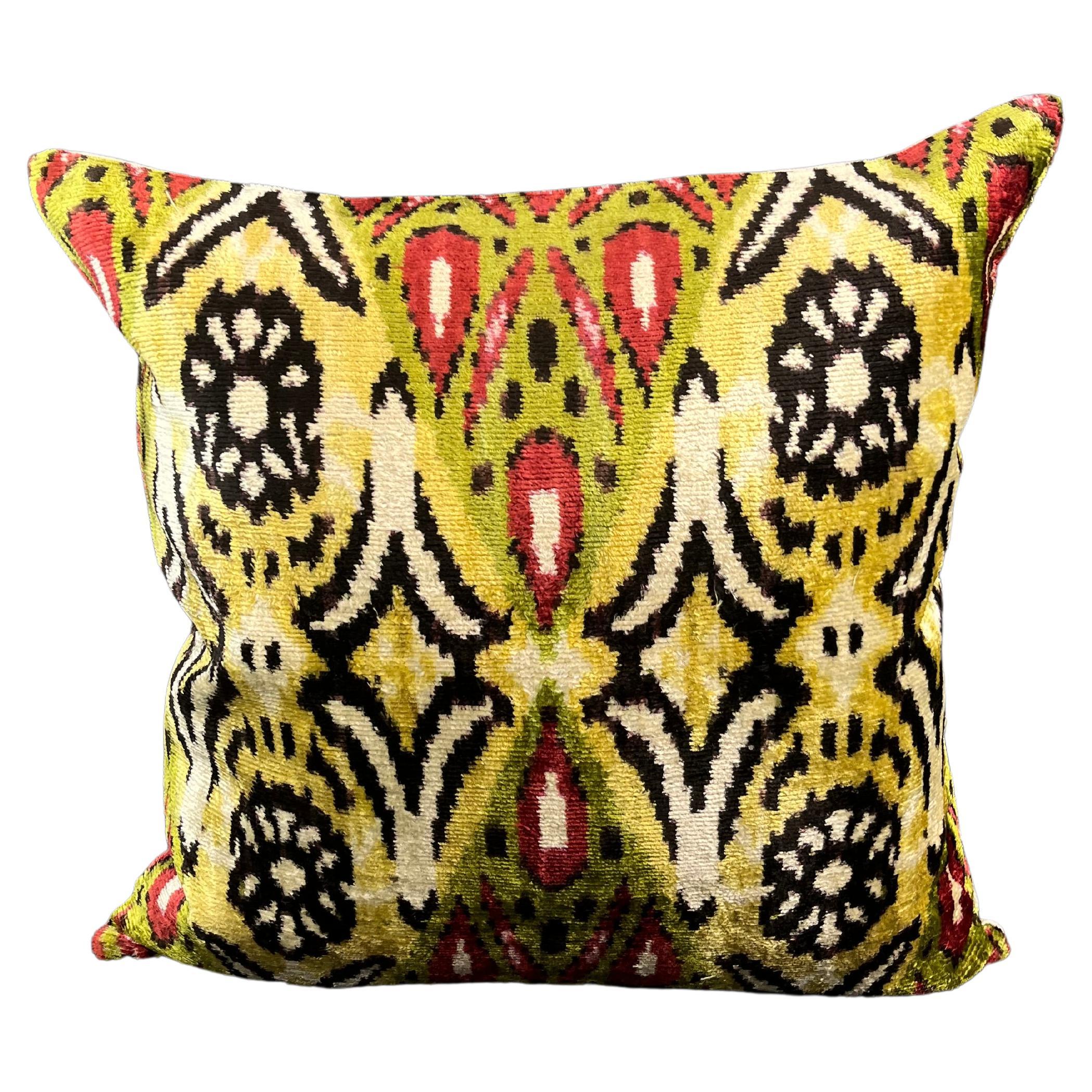Yellow Multicolor Design Velvet Silk Ikat Pillow Cover For Sale