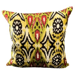 Yellow Multicolor Design Velvet Silk Ikat Pillow Cover