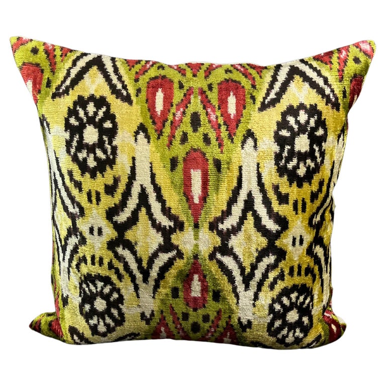 Yellow Multicolor Design Velvet Silk Ikat Pillow Cover For Sale at 1stDibs