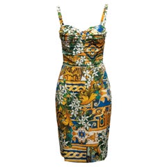 Gelbes & mehrfarbiges Dolce & Gabbana Bedrucktes Bustierkleid aus Seide mit Druck