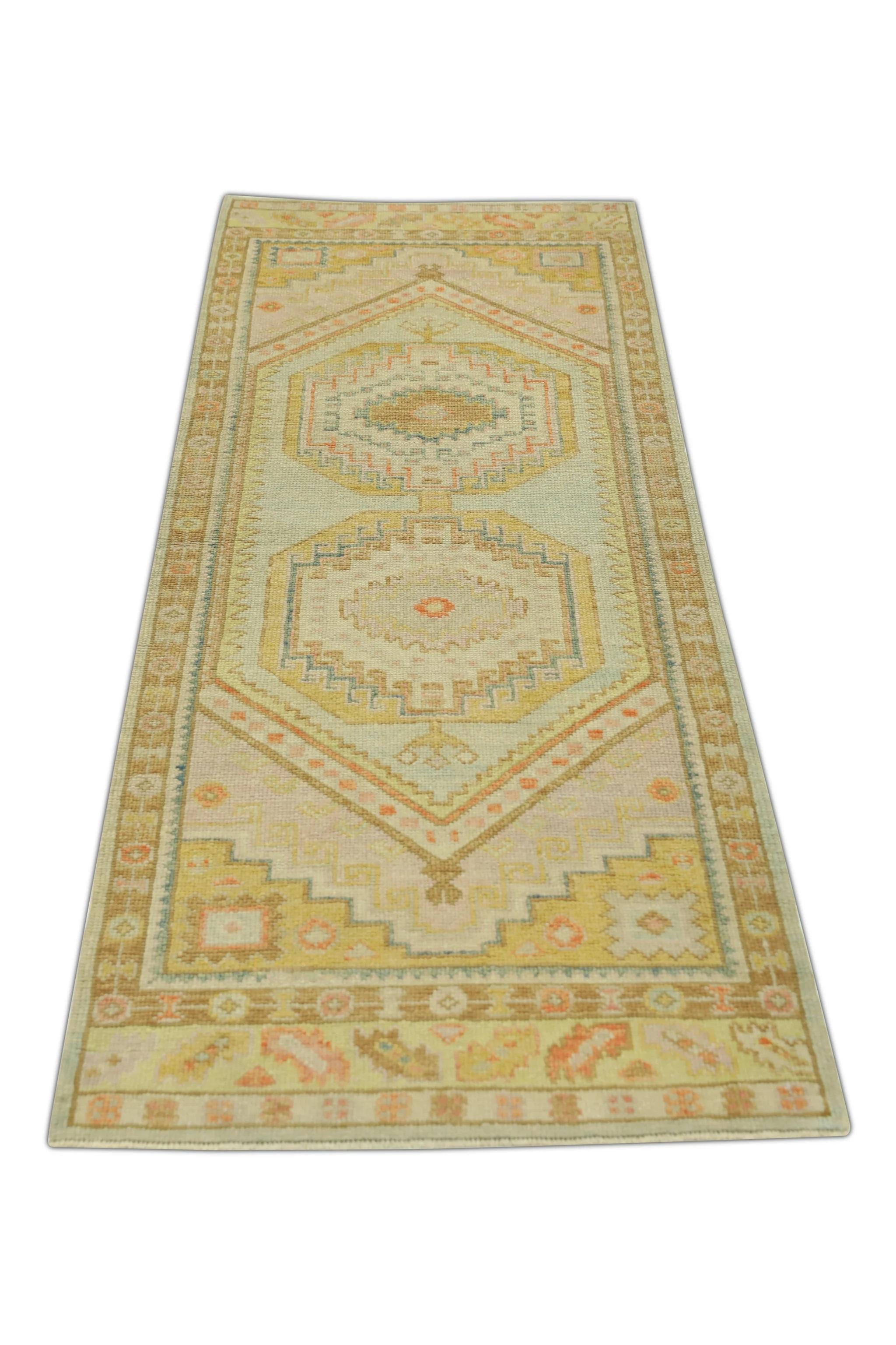 Yellow Multicolor Handwoven Wool Turkish Oushak Runner 3' x 8'2