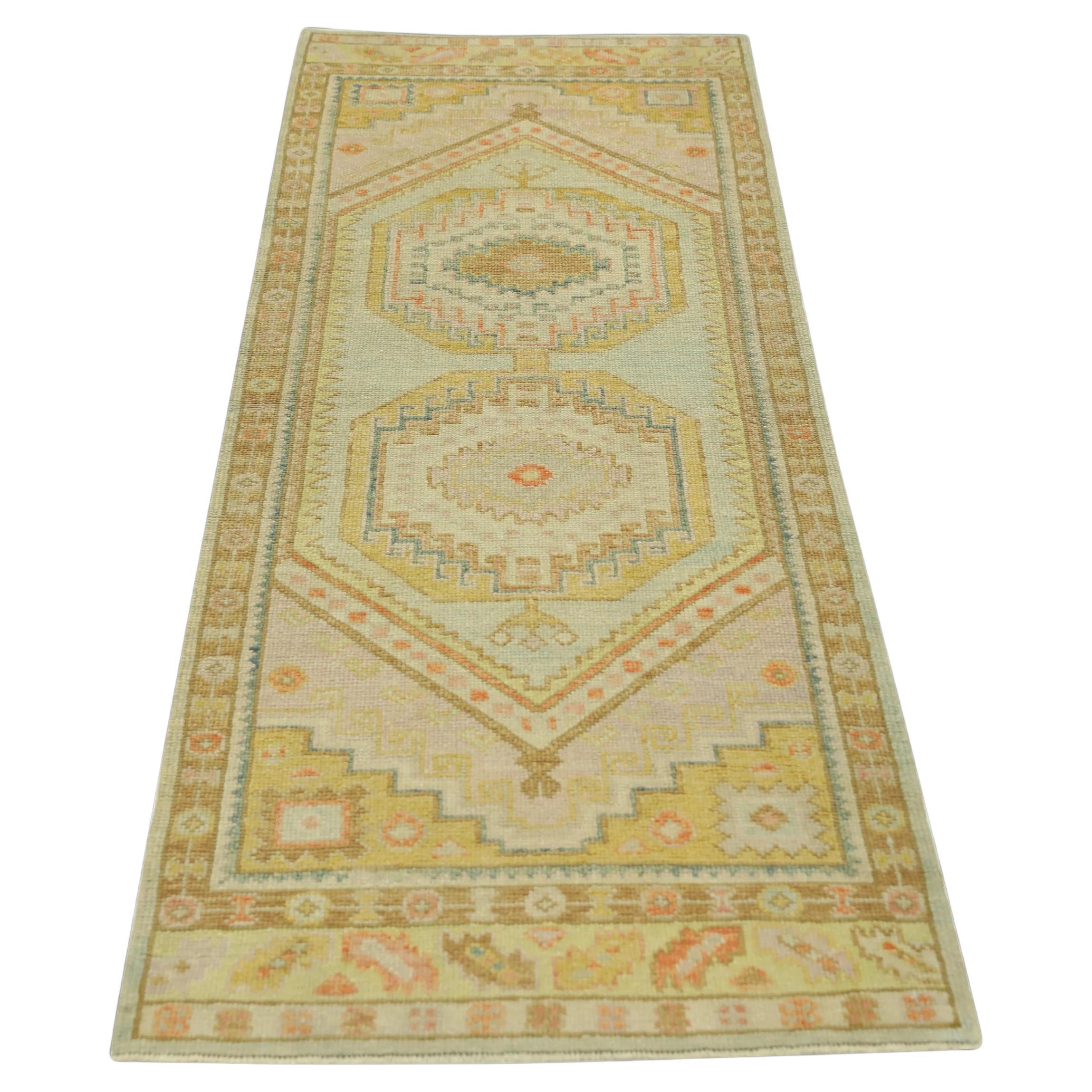 Yellow Multicolor Handwoven Wool Turkish Oushak Runner 3' x 8'2" For Sale