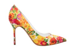 Gelbe & mehrfarbige Manolo Blahnik Satin-Pumps mit Blumendruck und spitzem Zehenbereich Größe 42