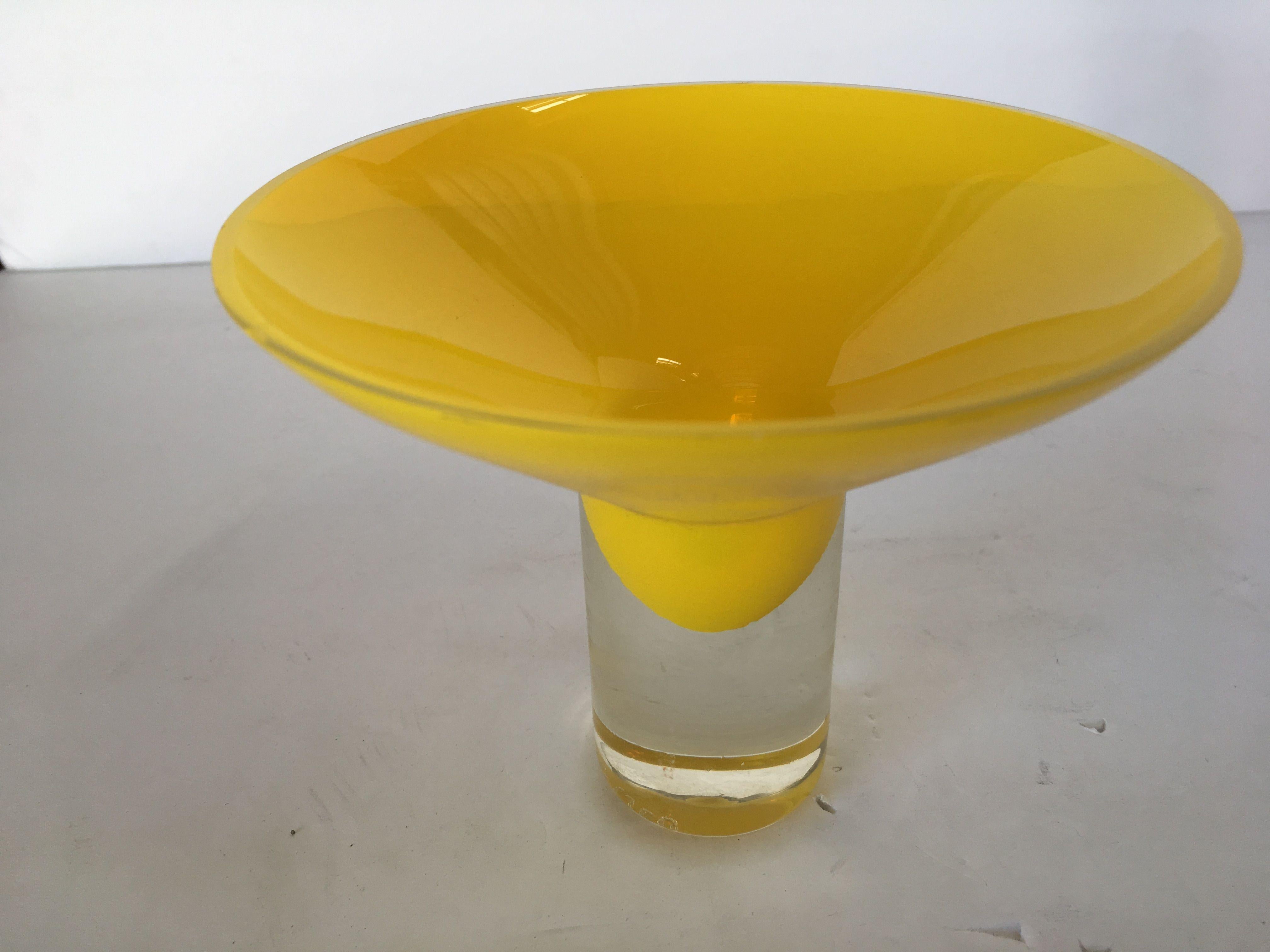 Mid-Century Modern Yellow Murano Glass Dish Candlestick Holder, Midcentury