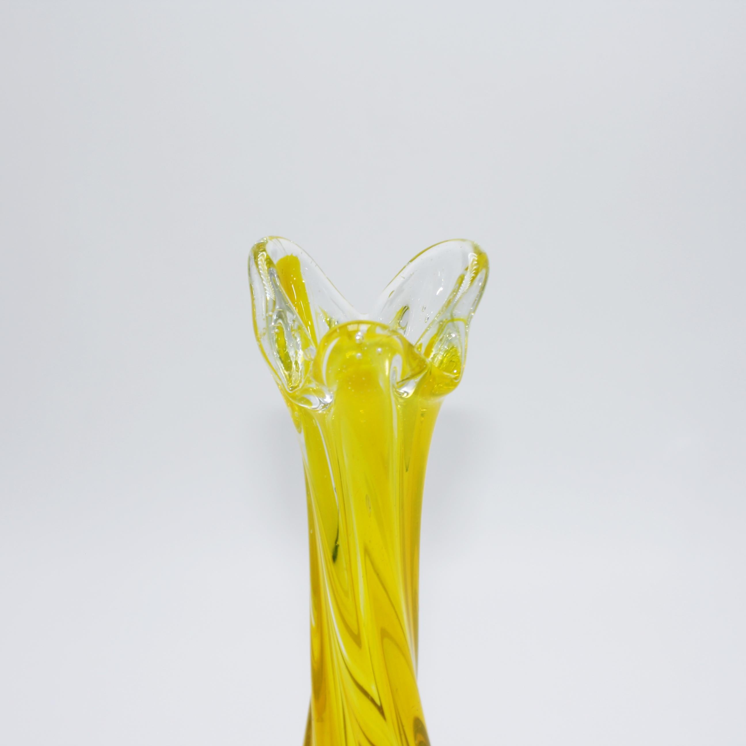 Italian Yellow Murano Vase with Twisted Stem and Petal Mouth, circa 1950