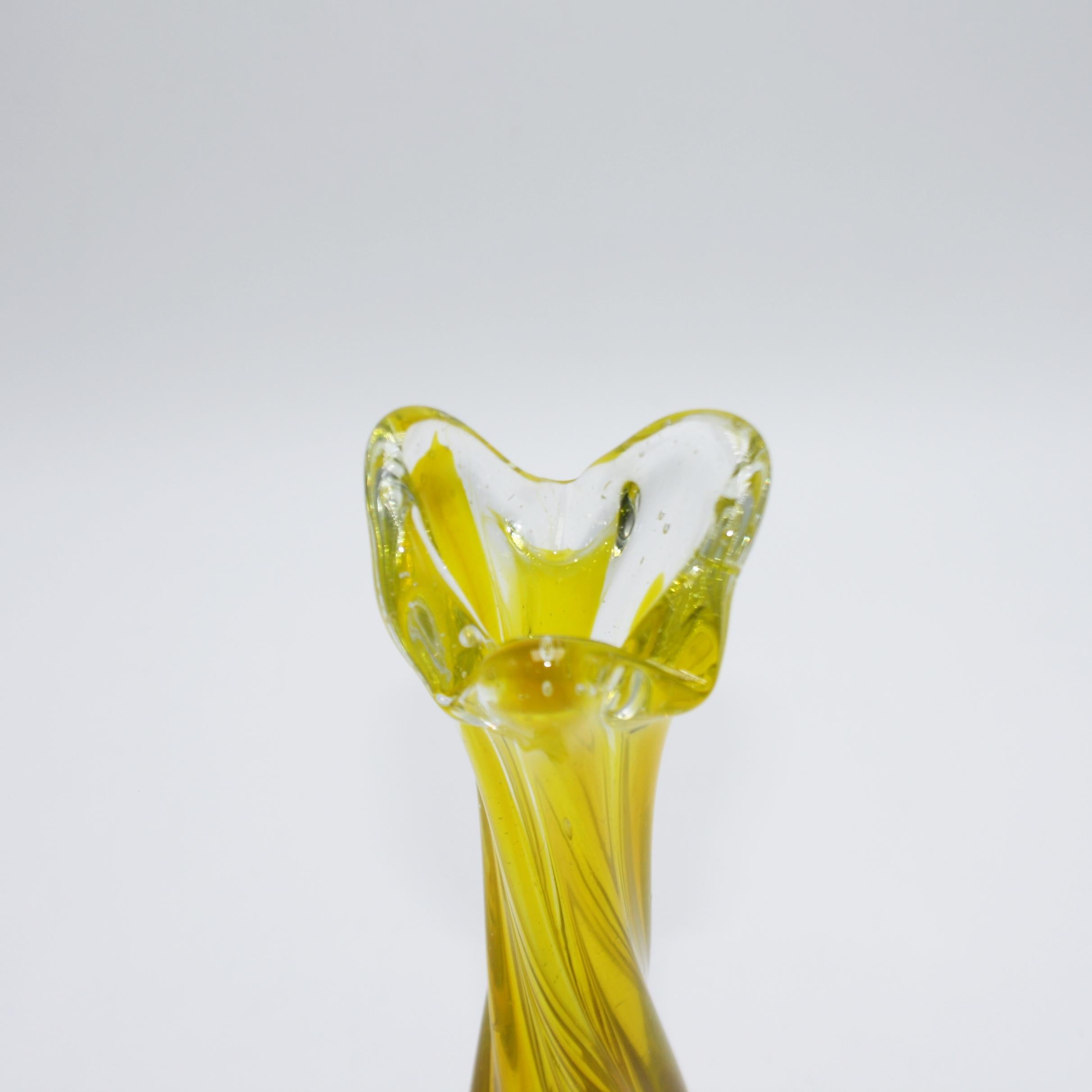 Mid-20th Century Yellow Murano Vase with Twisted Stem and Petal Mouth, circa 1950
