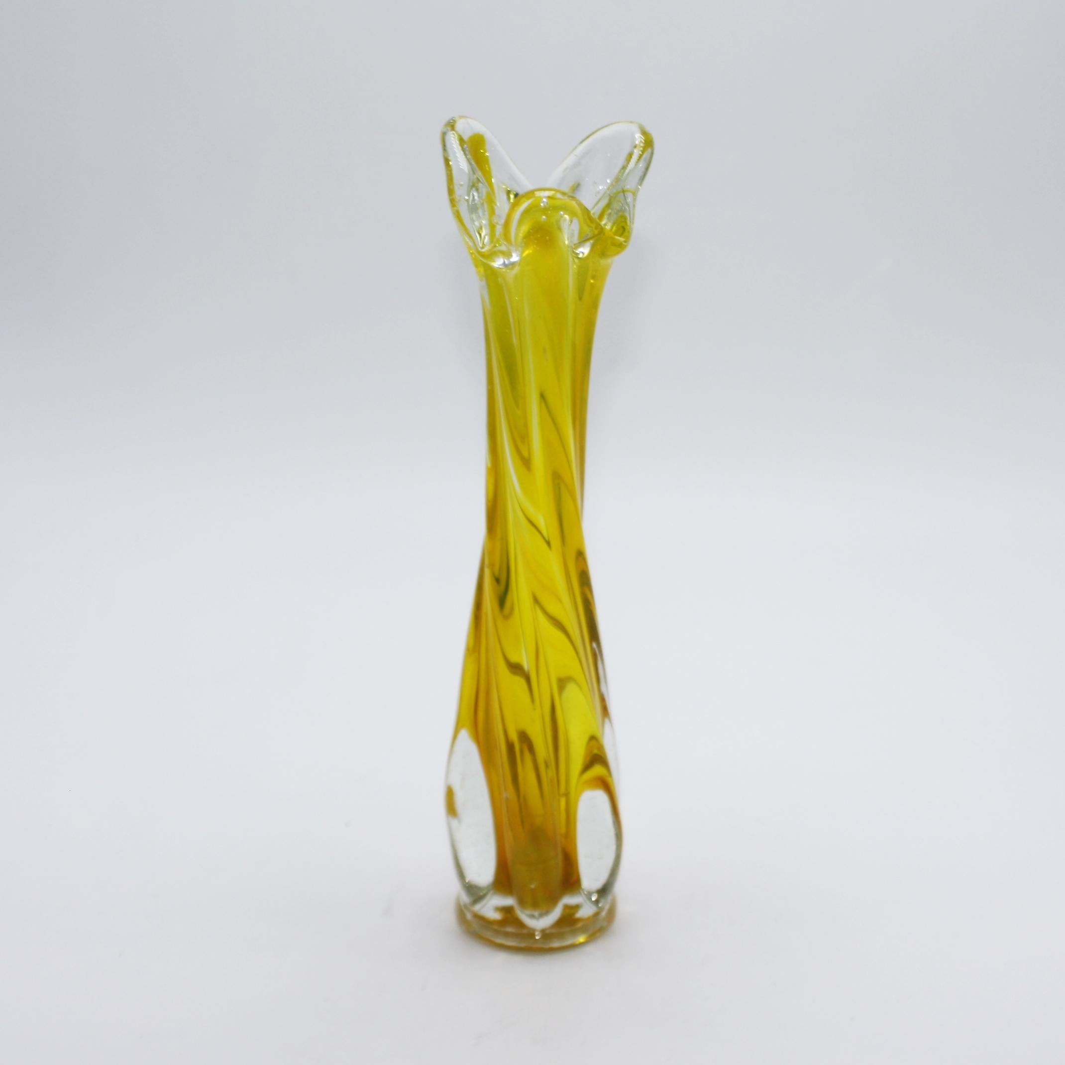 Glass Yellow Murano Vase with Twisted Stem and Petal Mouth, circa 1950