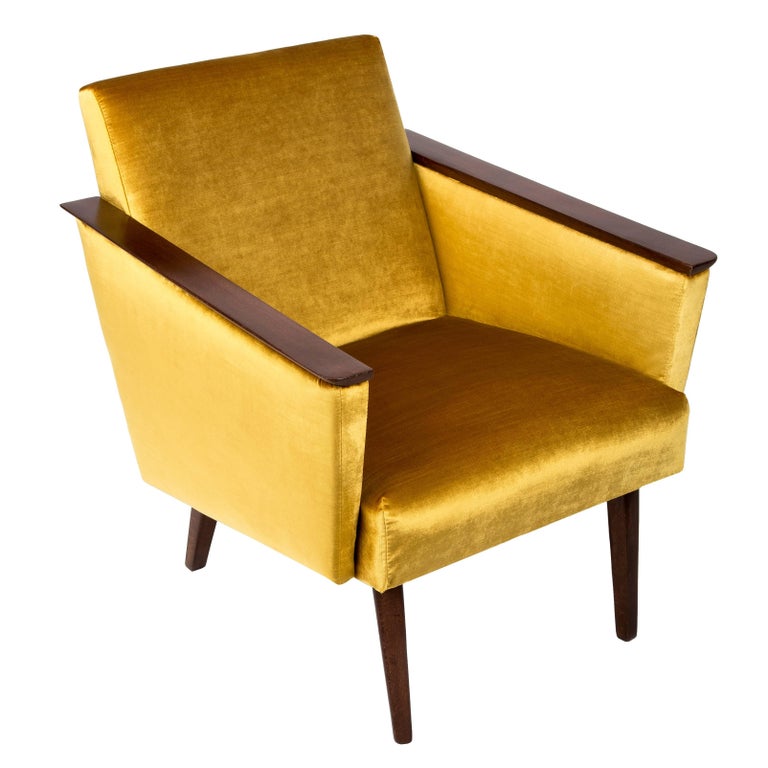 Modernist Danish Teak Armchair Newly Upholstered in Mustard Yellow at