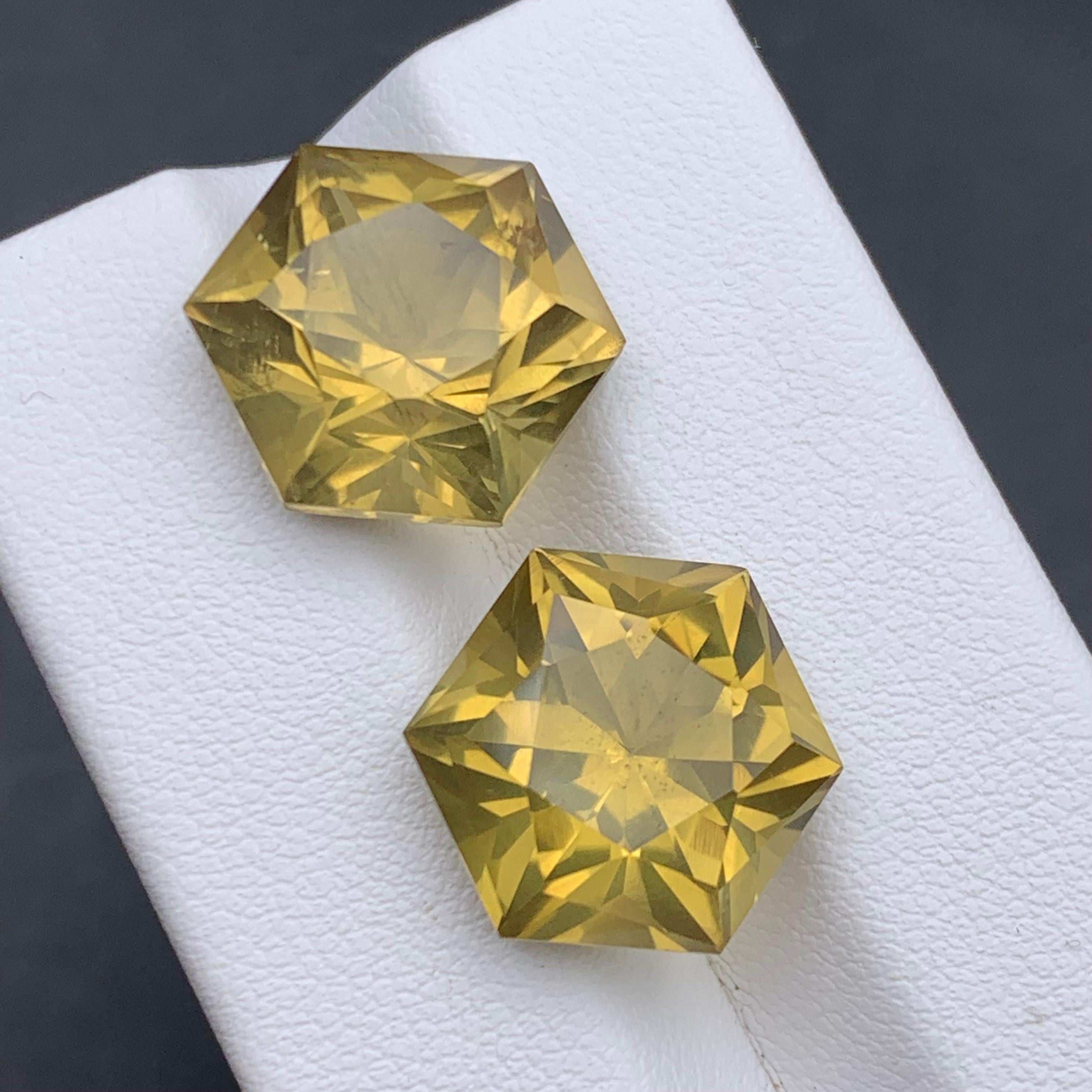Women's or Men's Yellow Natural Citrine Earrings Loose Gemstone Pair 20.15 CT Hexagon Cut-Jewelry For Sale