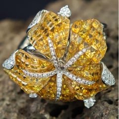 7.18 ct. yellow Sapphire & 0.87 diamonds Flower Ring, 18K White Gold