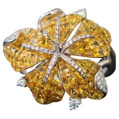 Yellow Natural Sapphire Flower Ring: Natural Diamond Accent, 18K White Gold