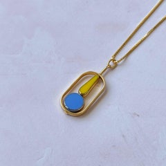 Yellow & Neon Blue Vintage Glass Bauhaus 18K Gold-plated Silver Pendant Necklace