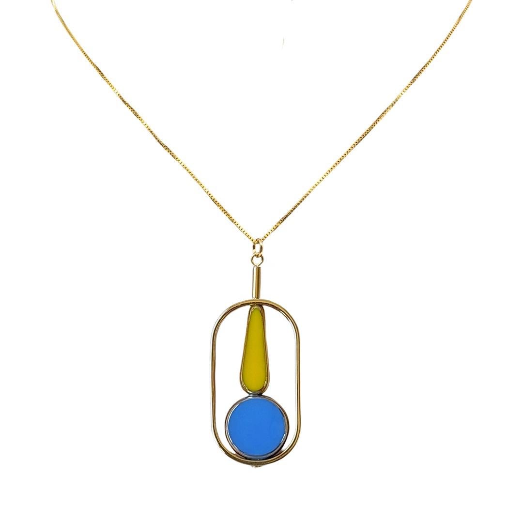 Collier à pendentifs en argent plaqué or 18K, verre vintage Bauhaus jaune et bleu néon Neuf - En vente à Monrovia, CA