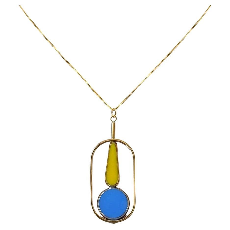 Collier à pendentifs en argent plaqué or 18K, verre vintage Bauhaus jaune et bleu néon