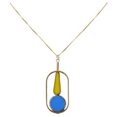 Collier à pendentifs en argent plaqué or 18K, verre vintage Bauhaus jaune et bleu néon