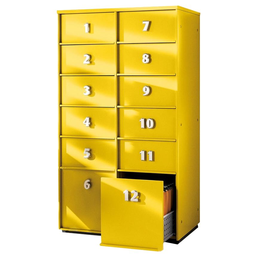 Boîte d'outils numérotée jaune, conçue par Pietro Arosio, fabriquée en Italie