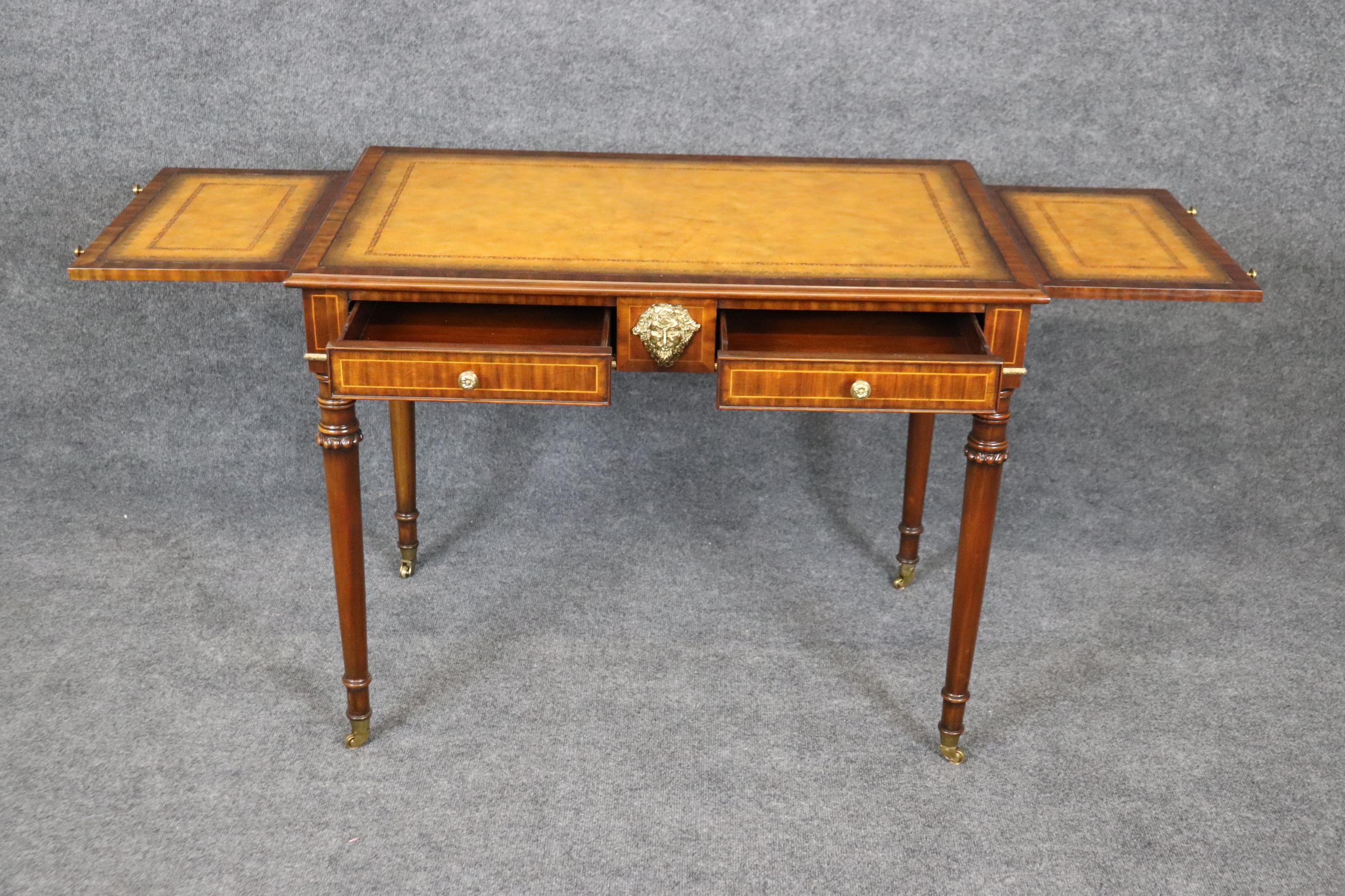 Yellow Ochre Leather Top Maitland Smith Regency Mahogany Desk with Trays For Sale 3