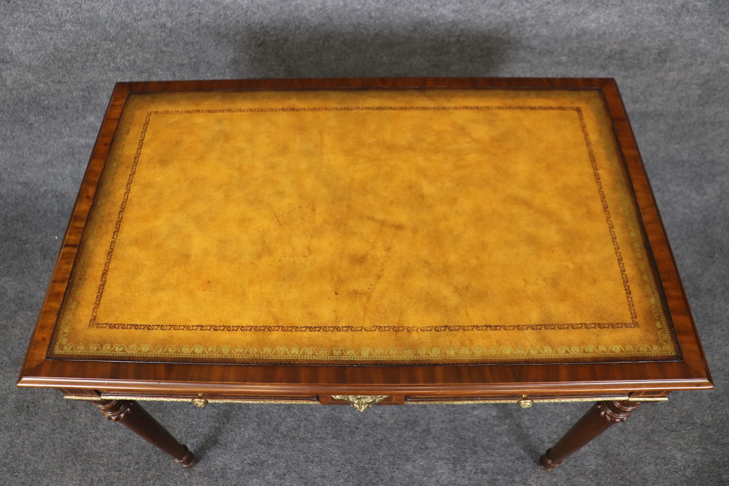 Regency Revival Yellow Ochre Leather Top Maitland Smith Regency Mahogany Desk with Trays For Sale