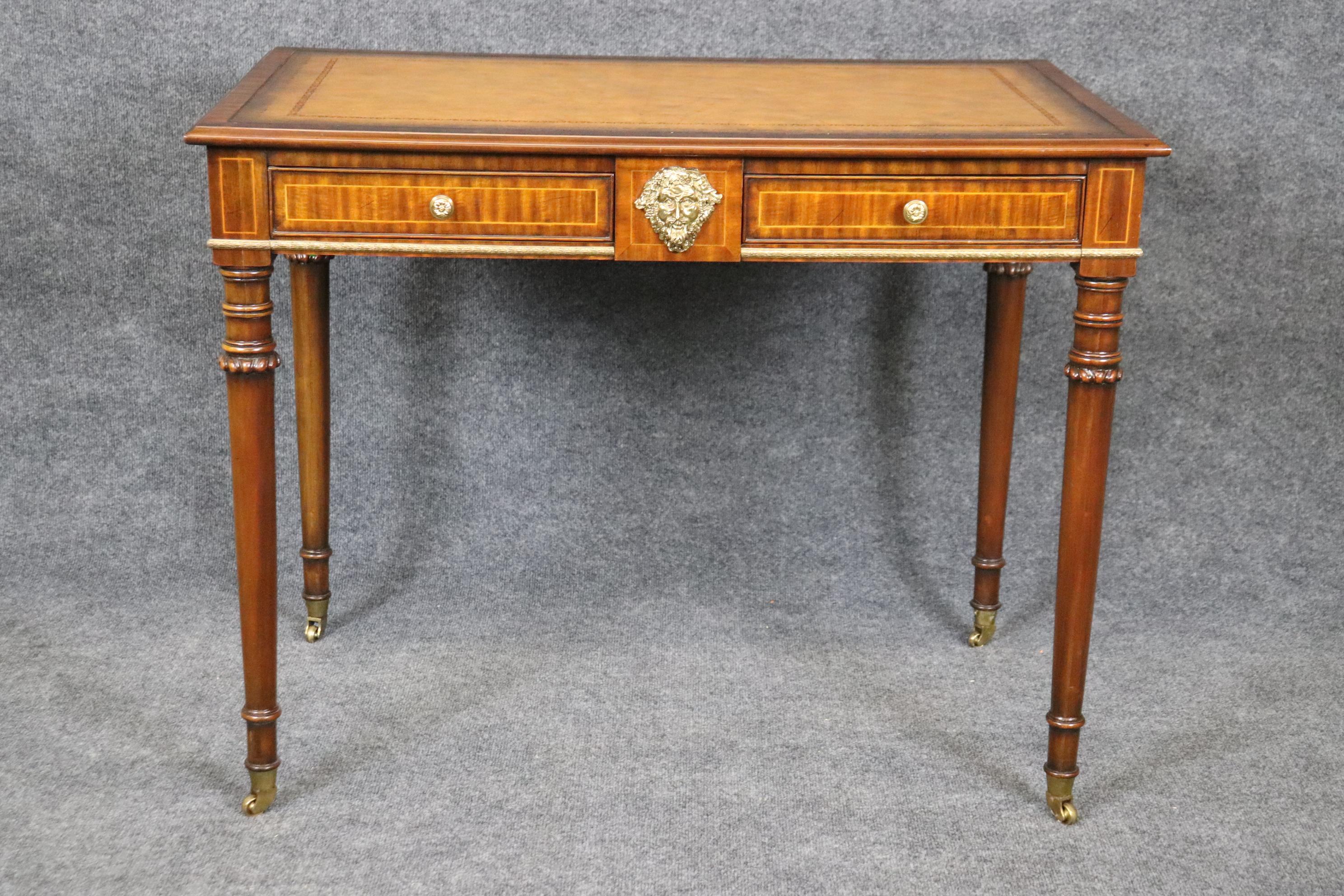 Contemporary Yellow Ochre Leather Top Maitland Smith Regency Mahogany Desk with Trays For Sale