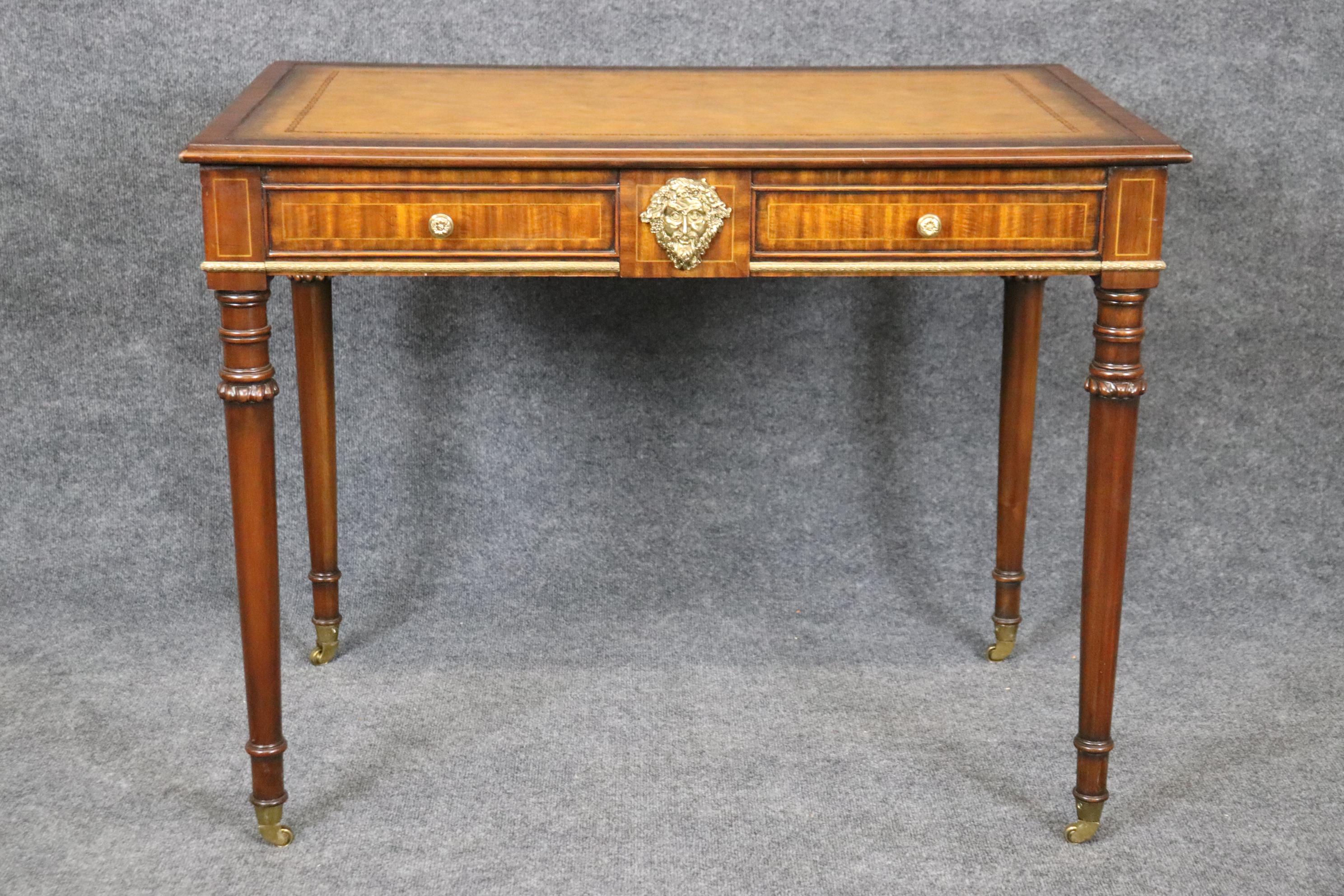 Yellow Ochre Leather Top Maitland Smith Regency Mahogany Desk with Trays For Sale 2