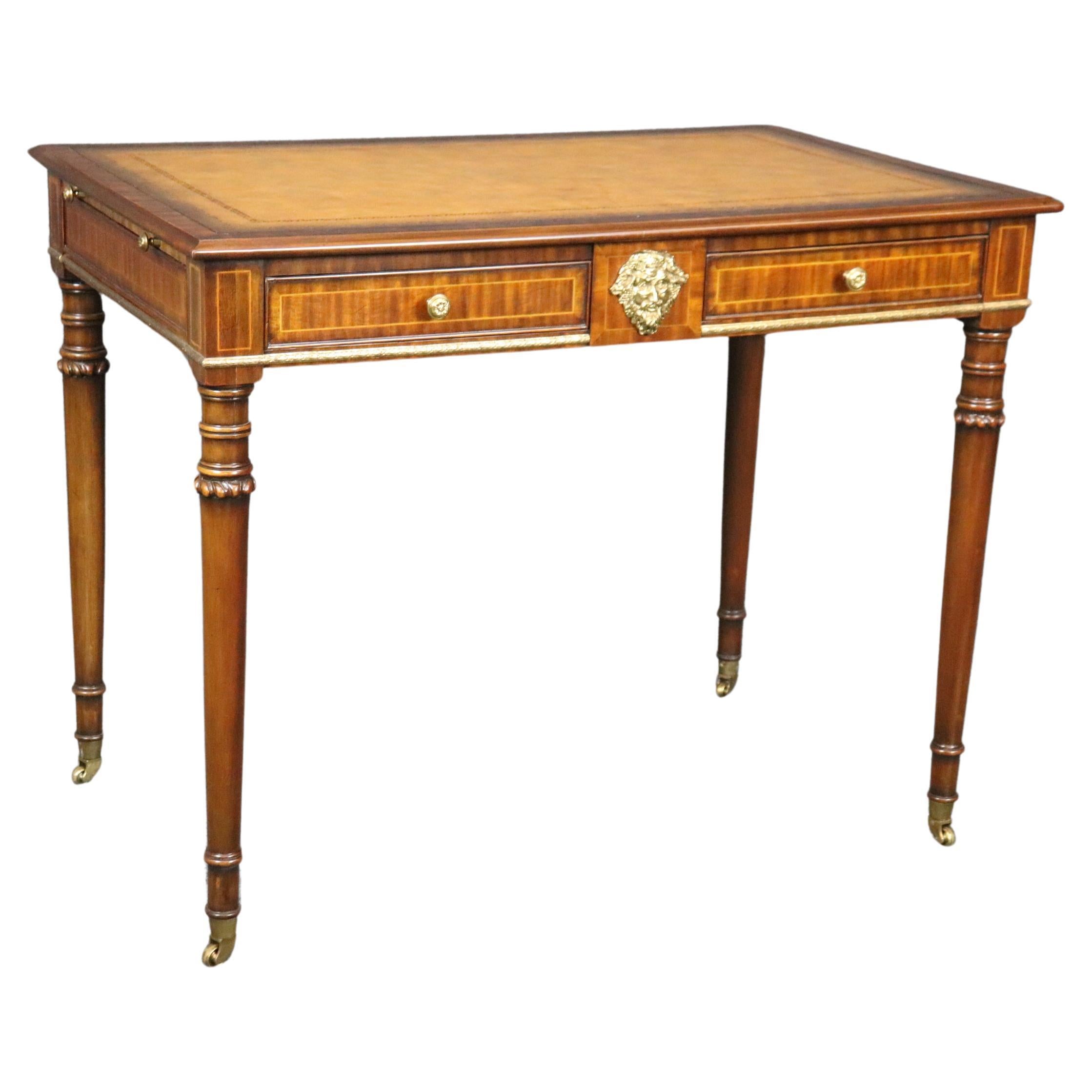 Yellow Ochre Leather Top Maitland Smith Regency Mahogany Desk with Trays For Sale