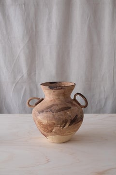 Handcrafted Yellow Ochre Vase with Dual Handles, Abstract Brushstroke Decoration