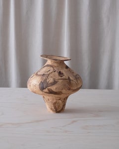 Handcrafted Yellow Ochre Vase with Wide Flared Rim, Abstract Brushstroke Design