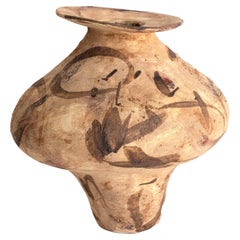 Handcrafted Yellow Ochre Vase with Wide Flared Rim, Abstract Brushstroke Design