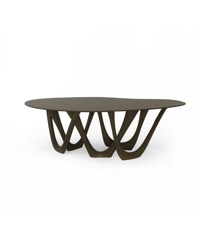 Yellow olive steel G-Table by Zieta
Dimensions: D 110 x W 220 x H 75 cm 
Material: Carbon steel. 
Finish: Powder-Coated.
Available in colors: Beige, Black/Brown, Black glossy, Blue-grey, Concrete grey, Graphite, Gray Beige, Gray-Blue, Moss Grey,