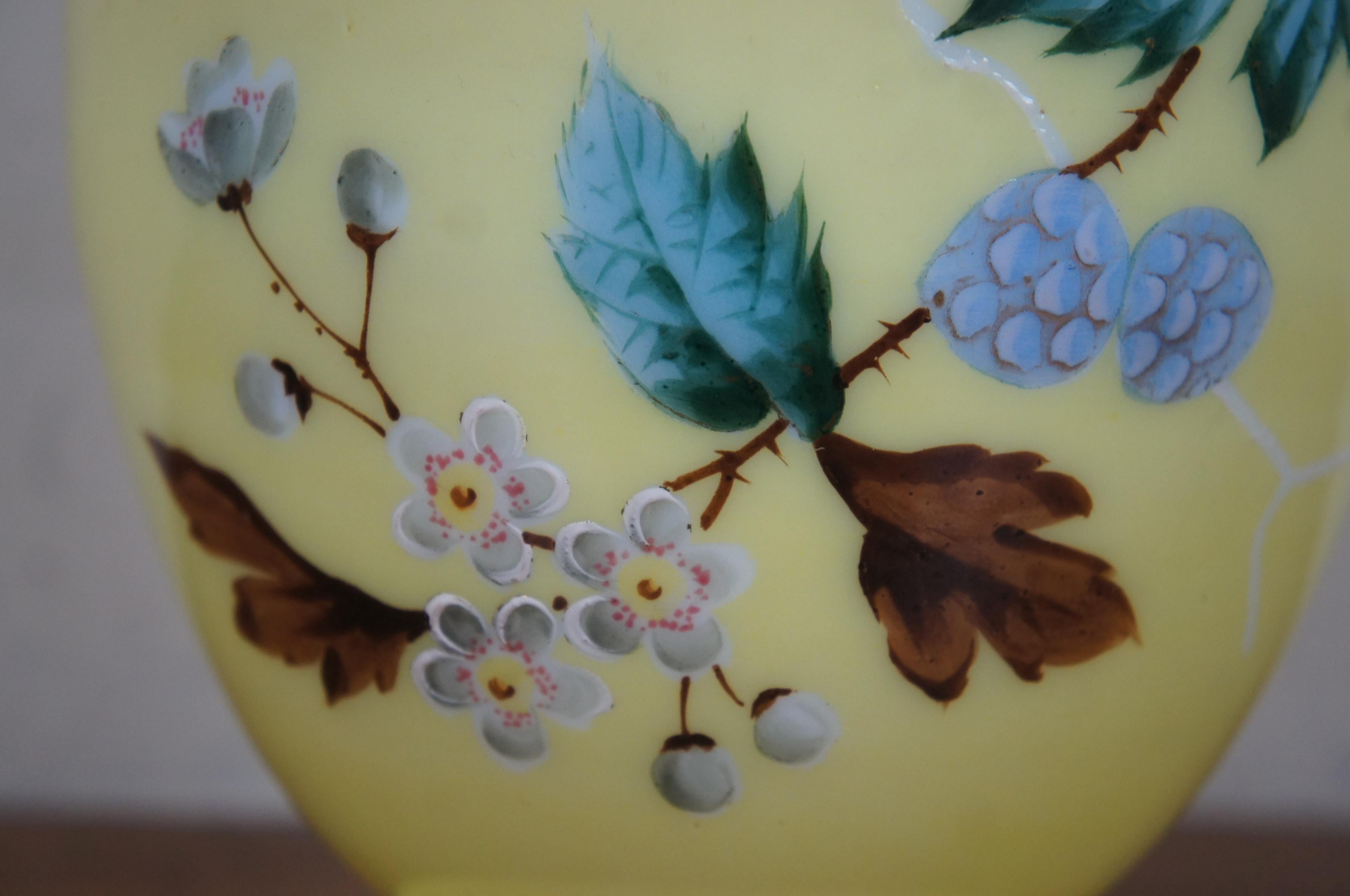 Yellow Ombre Painted Milk Glass Opaline Vase Cherry Blossoms Pine Cones 11
