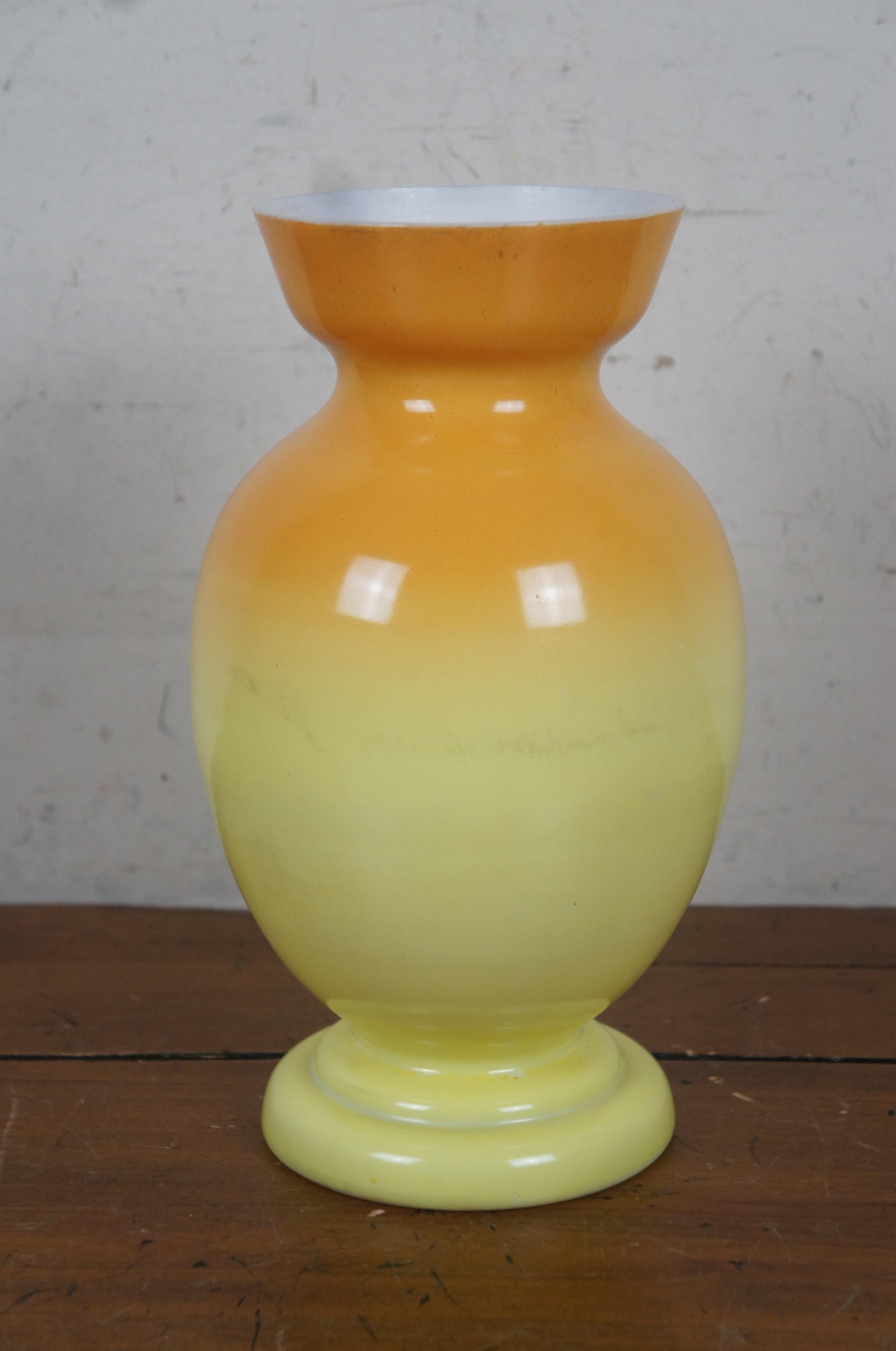 20th Century Yellow Ombre Painted Milk Glass Opaline Vase Cherry Blossoms Pine Cones 11