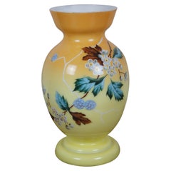 Yellow Ombre Painted Milk Glass Opaline Vase Cherry Blossoms Pine Cones 11"