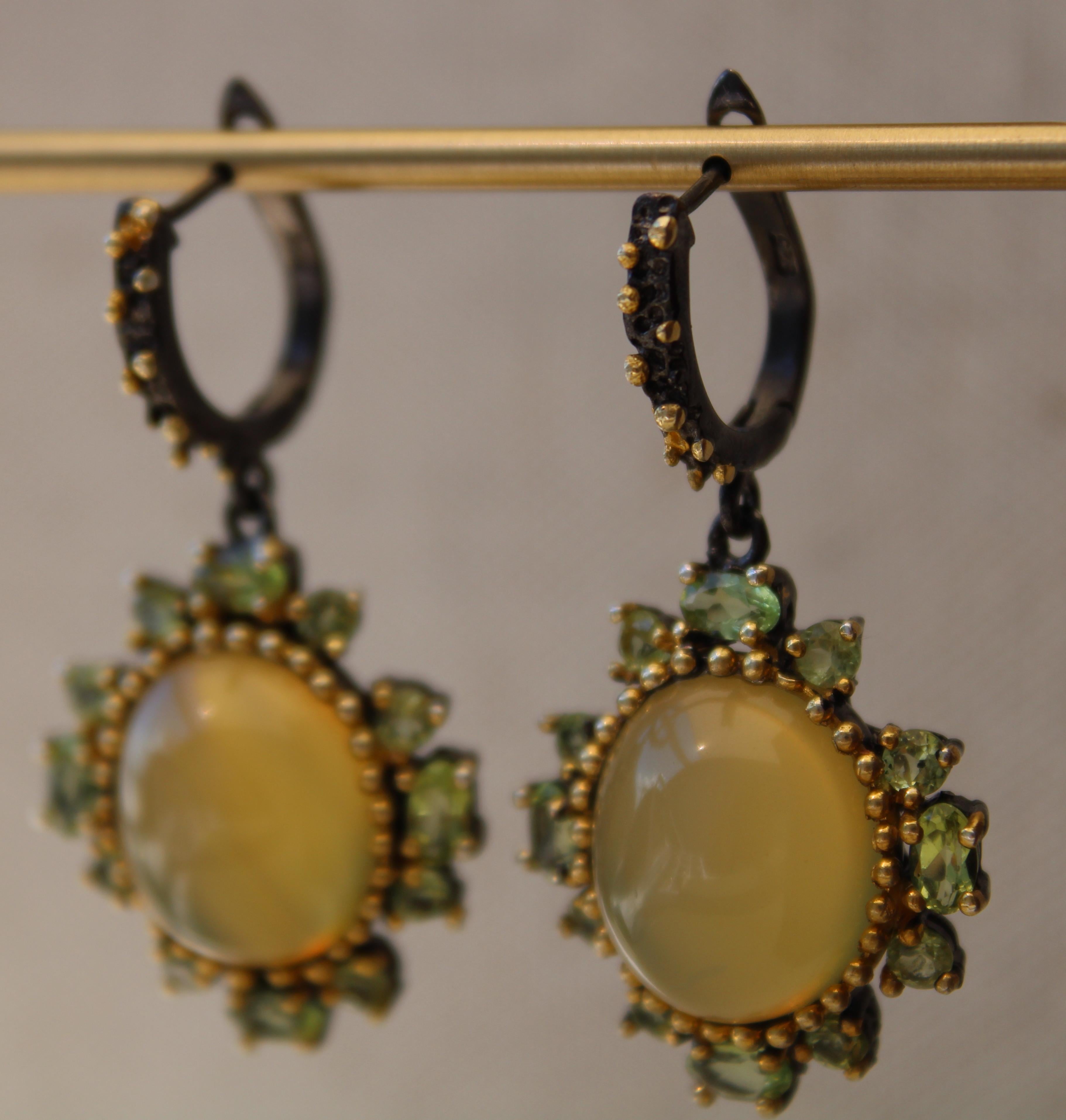 Modern Yellow Opal Cabochon and Green Peridot Earrings