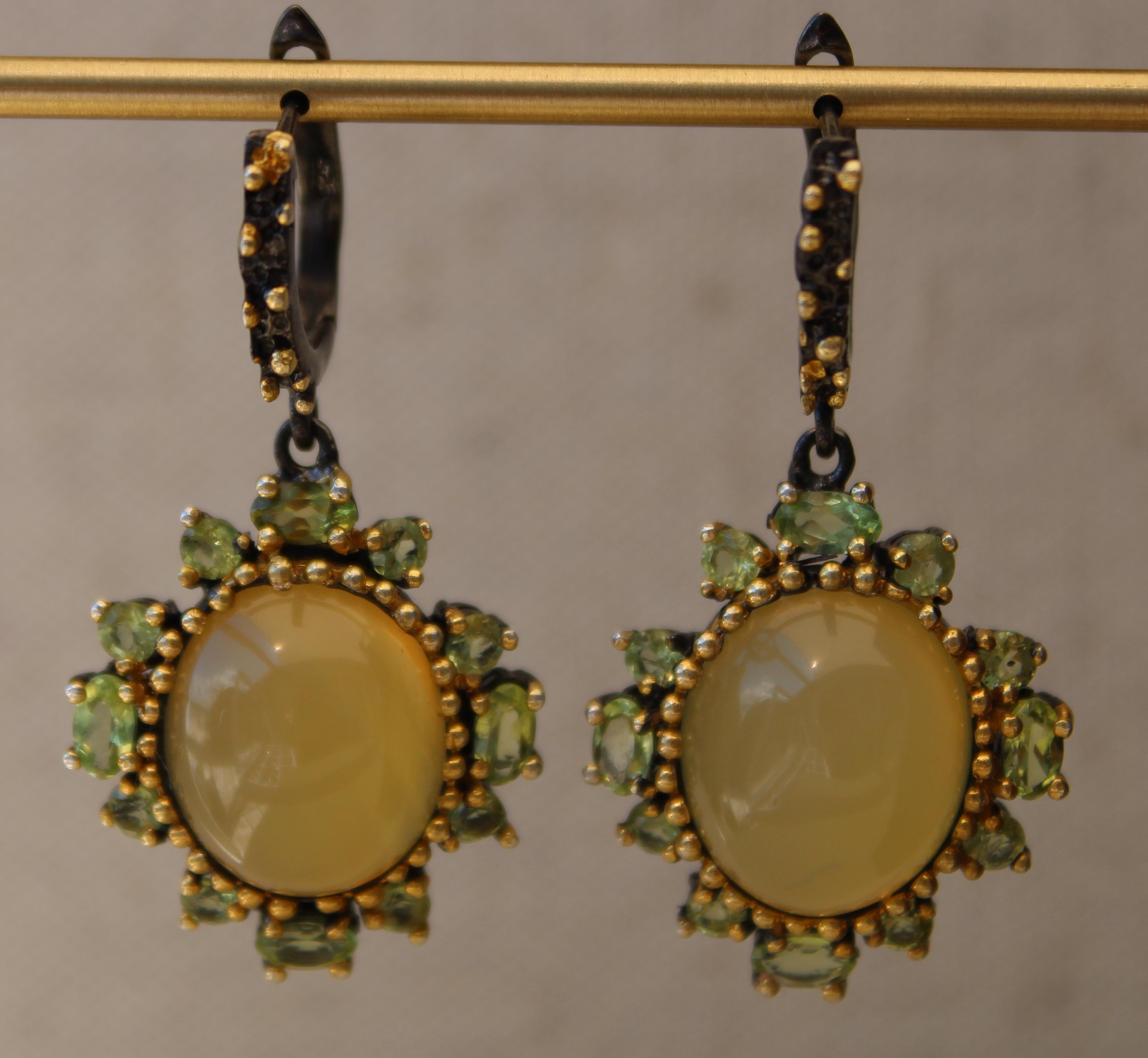Oval Cut Yellow Opal Cabochon and Green Peridot Earrings