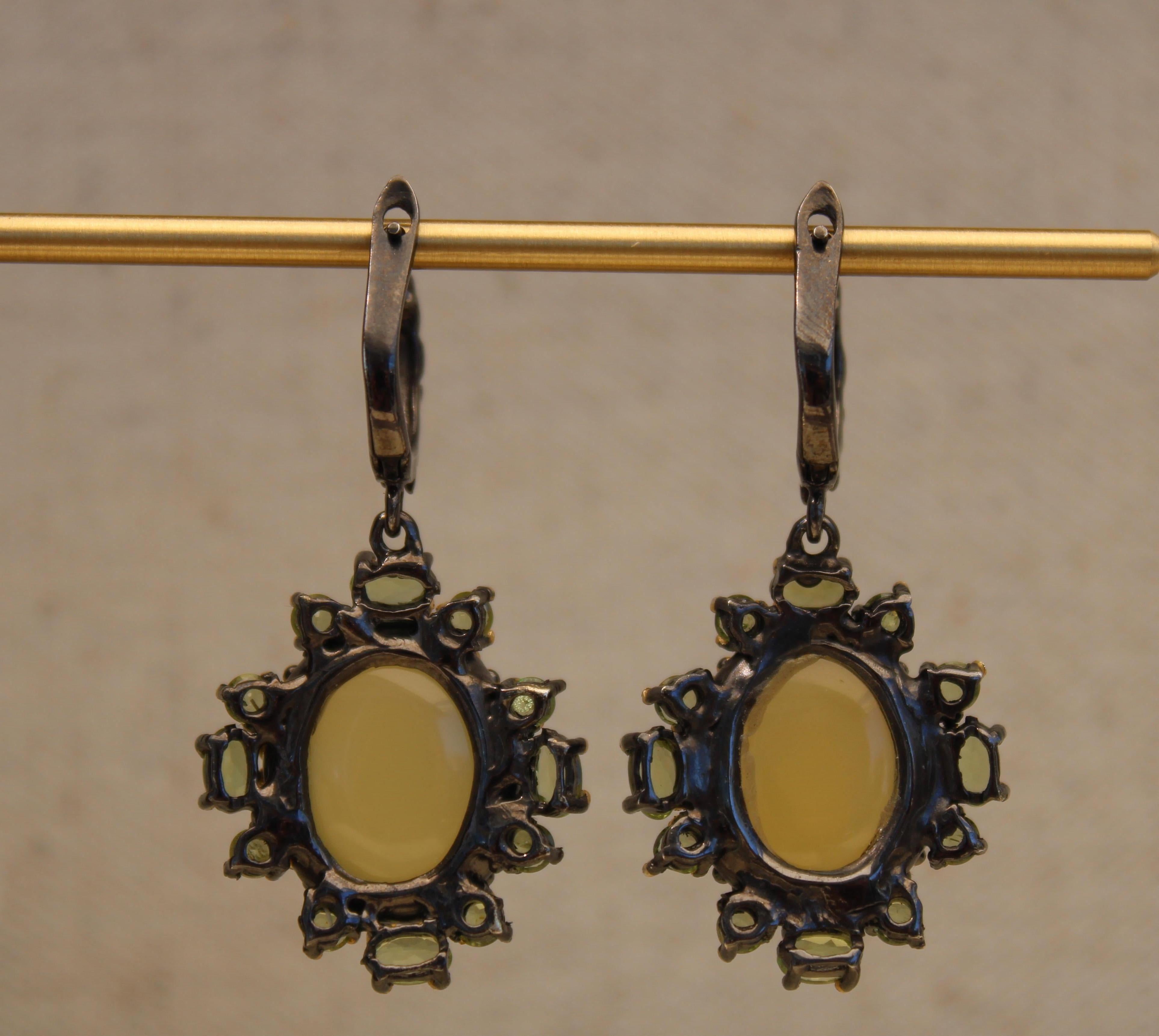 Women's or Men's Yellow Opal Cabochon and Green Peridot Earrings