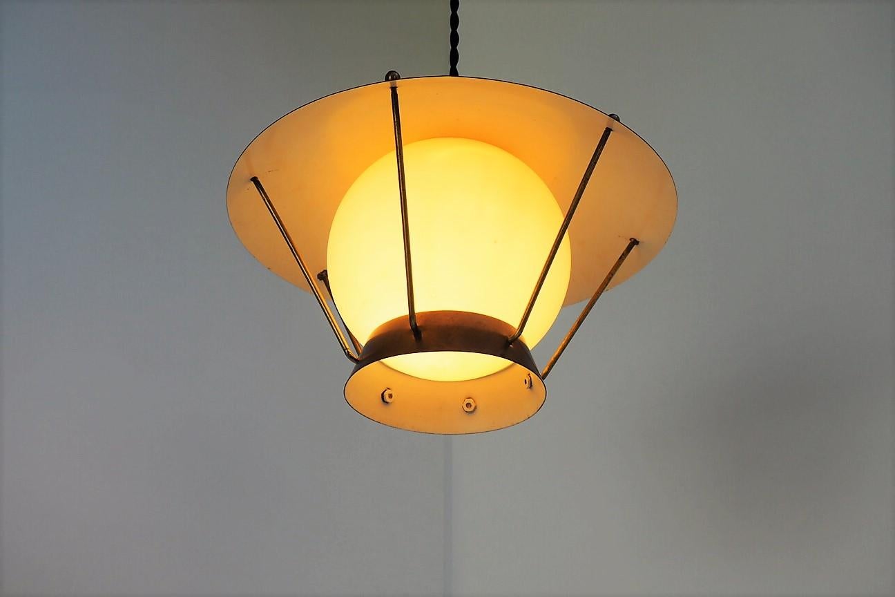 Yellow Opal Glass Pendant with Solid Brass Shade Danish Vintage from the 1930s In Good Condition In Spoettrup, DK