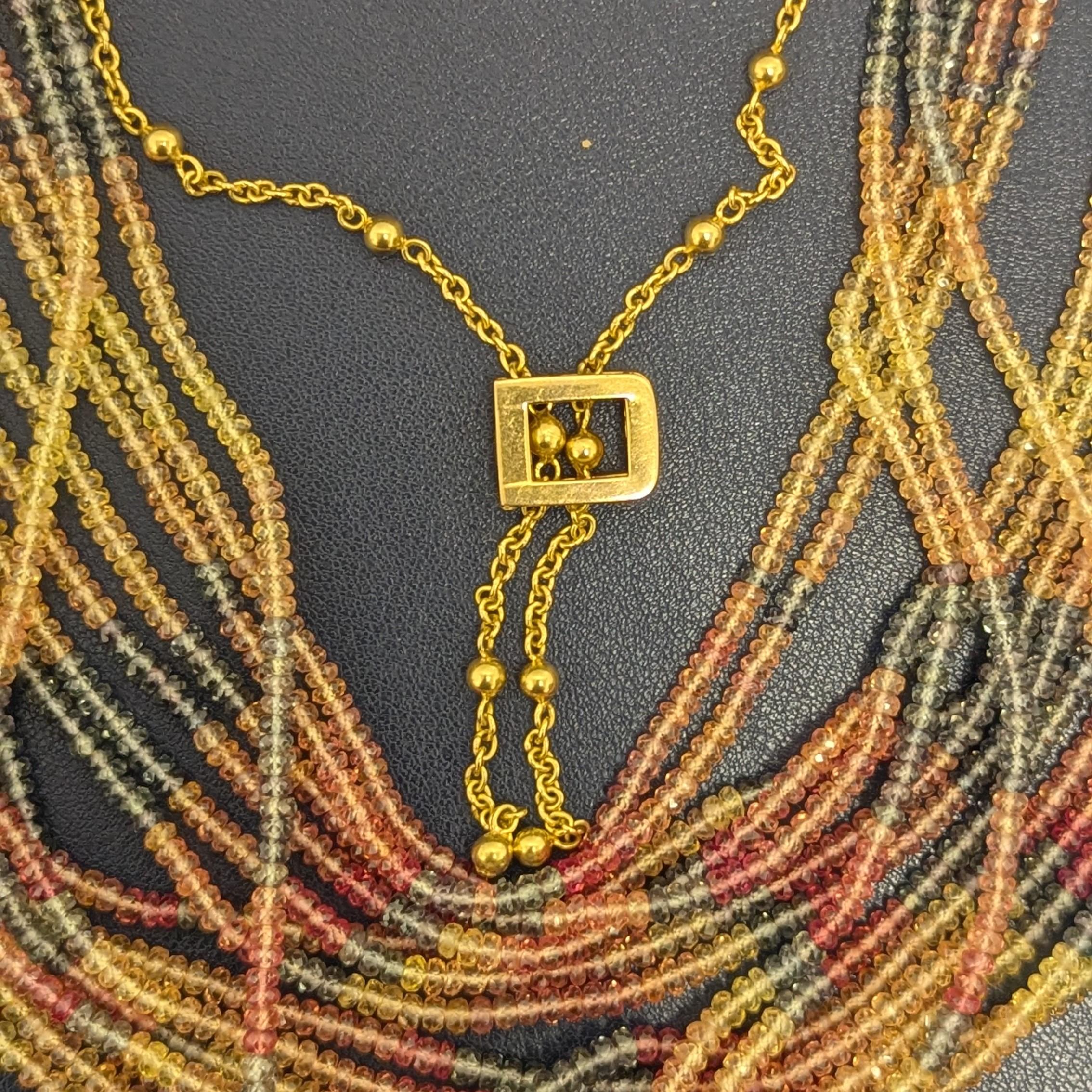 Multi-Strand Multi-Colored 14K Yellow Gold Beaded Necklace In Excellent Condition For Sale In New York, NY