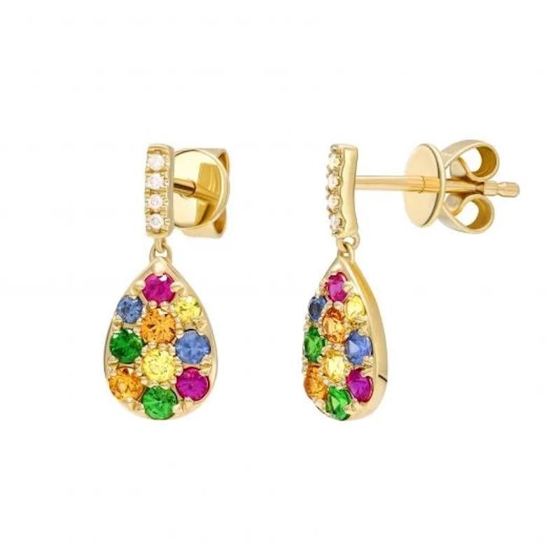 Yellow Orange Pink Blue Sapphire Diamond Drop Colourful Gold Earrings For Her In New Condition For Sale In Montreux, CH