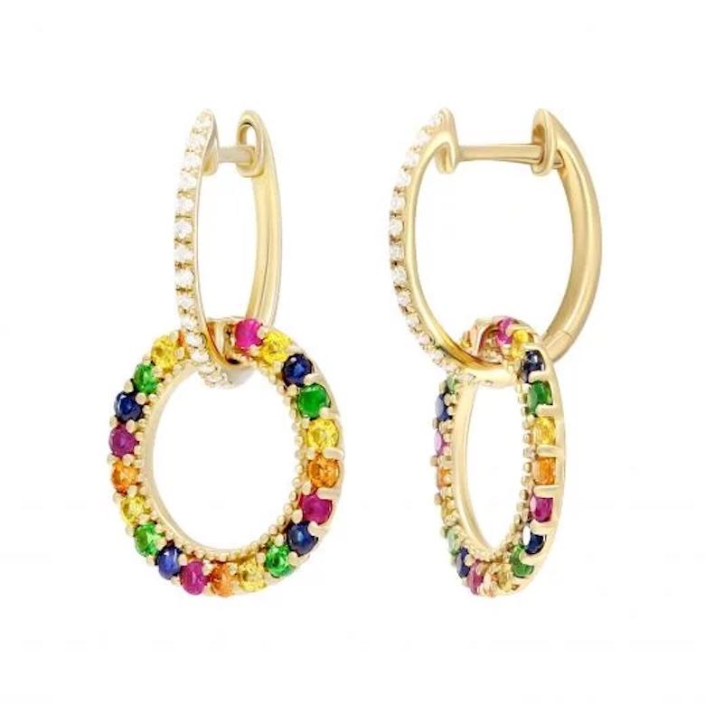 Yellow Orange Pink Blue Sapphire Diamond Drop Colourful Gold Earrings for Her In New Condition For Sale In Montreux, CH