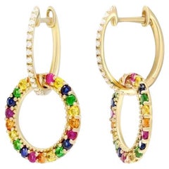 Boucles d'oreilles en goutte en or coloré avec saphir jaune, orange, rose et bleu et diamants pour elle
