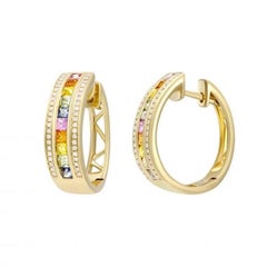Yellow Orange Pink Blue Sapphire Diamond Hoop Colourful Gold Earrings for Her