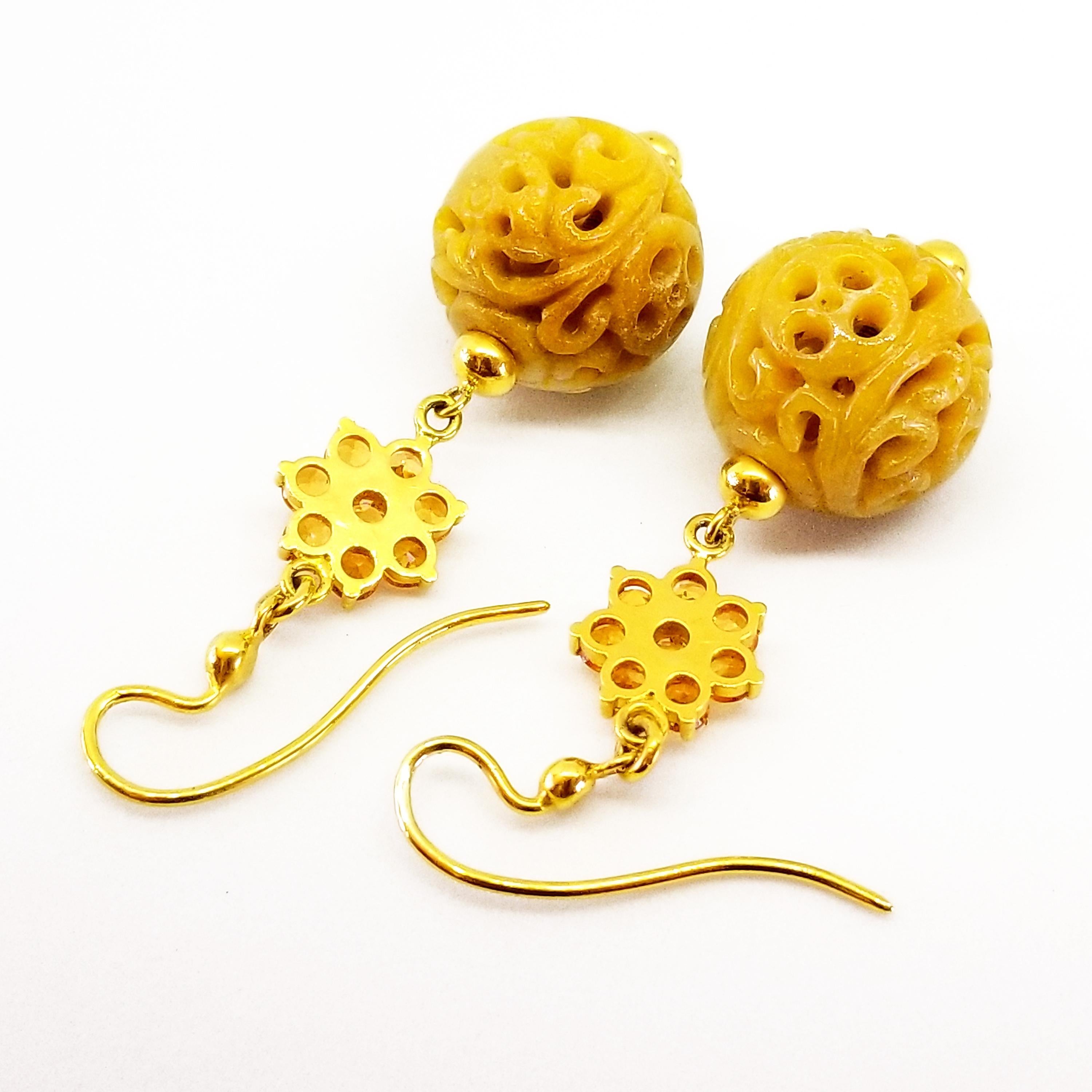 Contemporary Yellow Orange Sapphire and Natural Amber Yellow Carved Jade Ball Drop Earrings