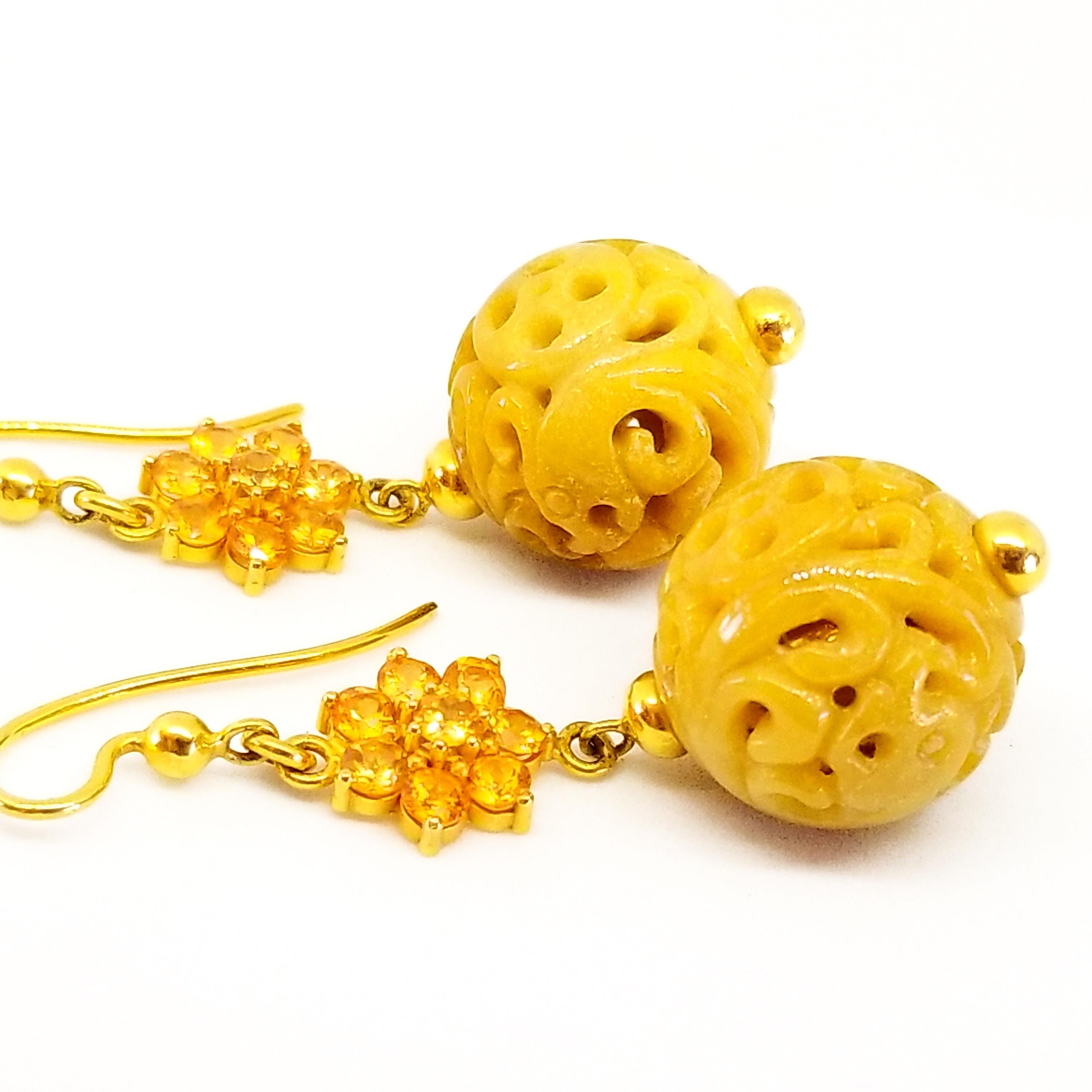 Round Cut Yellow Orange Sapphire and Natural Amber Yellow Carved Jade Ball Drop Earrings