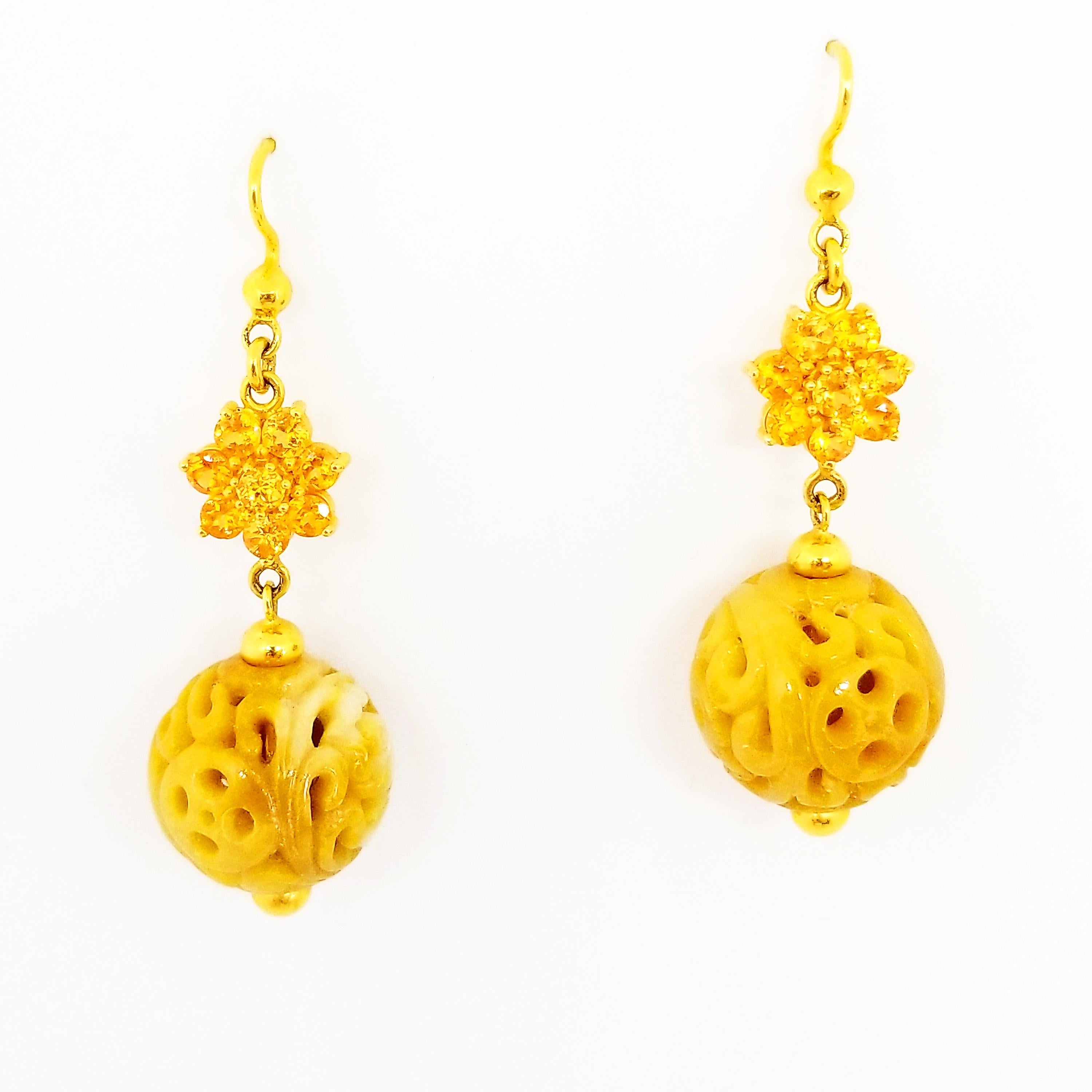 Women's Yellow Orange Sapphire and Natural Amber Yellow Carved Jade Ball Drop Earrings